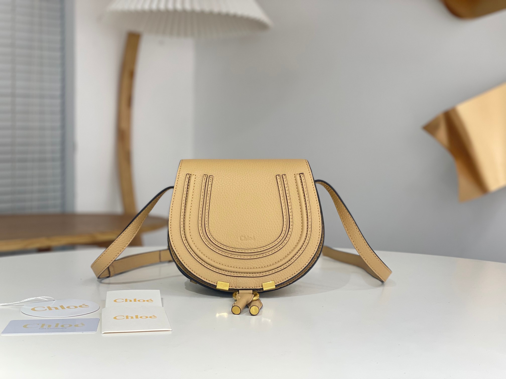 Chloe Marcie Saddle Shoulder Bag In Milky Brown Grained Leather